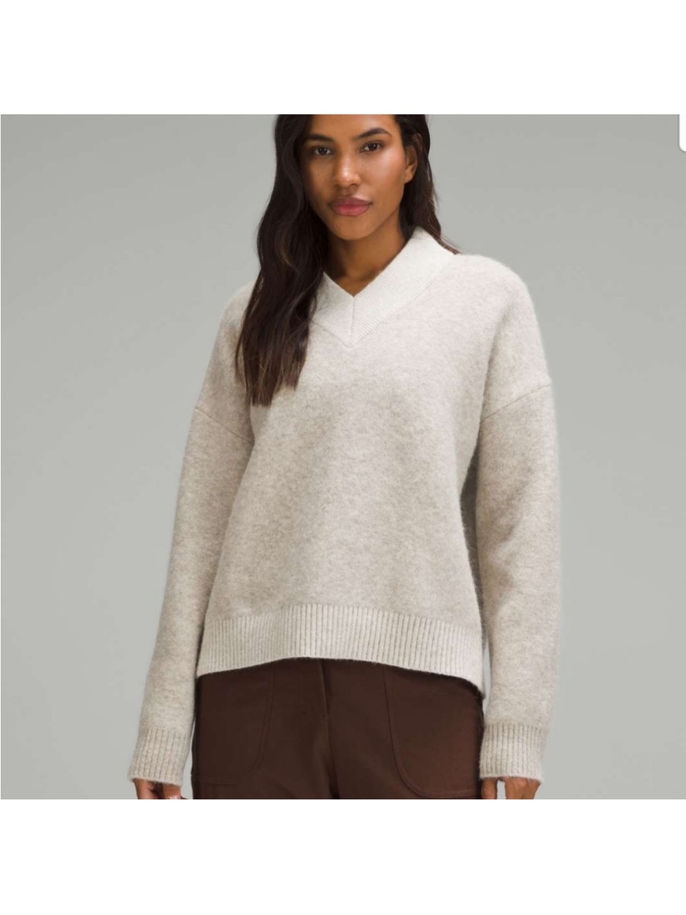 Lululemon Alpaca Wool-Blend V-Neck Sweater Heathered White Opal M